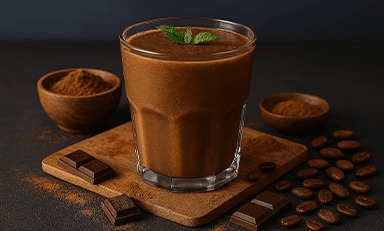 Shake de morango com Glucerna sabor baunilha em copo sobre fundo de madeira com morangos